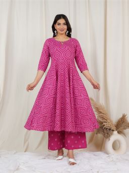 ARAMYA - Pink Women Soft Cotton Anarkali Bandhani Print Kurta with Palazzo