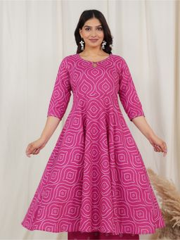 ARAMYA - Pink Soft Cotton Anarkali Bandhani Print Women Kurta