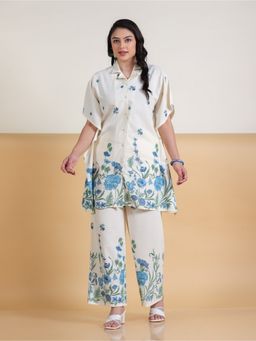 ARAMYA - Off White Women Linen Cotton Placement Print Kaftan with Pant
