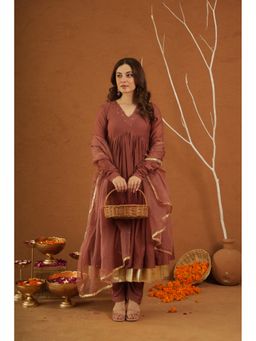 ONEWE INDIA - Zariya Brown Chanderi Gota Anarkali Kurta With Pant And Dupatta