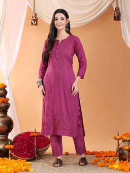 Poshak Chikan Studio - Women Lucknowi Chikankari Solid Cotton Wine Kurta With Pant