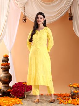Poshak Chikan Studio - Women Lucknowi Chikankari Solid Cotton Yellow Kurta With Pant