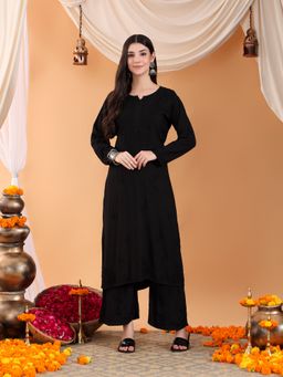 Poshak Chikan Studio - Women Lucknowi Chikankari Solid Rayon Black Kurta With Palazzo