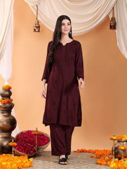 Poshak Chikan Studio - Women Lucknowi Chikankari Solid Rayon Brown Kurta With Palazzo