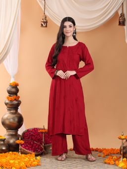 Poshak Chikan Studio - Women Lucknowi Chikankari Solid Rayon Maroon Kurta With Palazzo
