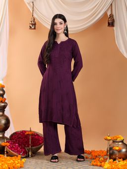 Poshak Chikan Studio - Women Lucknowi Chikankari Solid Rayon Wine Kurta With Palazzo