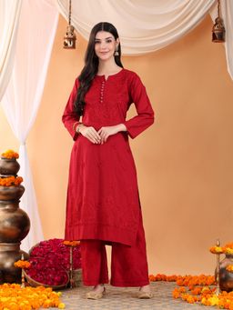 Poshak Chikan Studio - Women Lucknowi Chikankari Solid Cotton Maroon Kurta With Palazzo