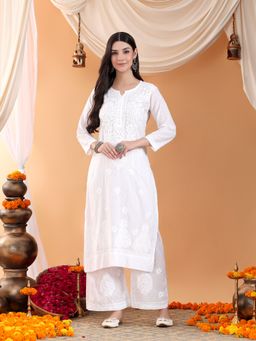 Poshak Chikan Studio - Women Lucknowi Chikankari Solid Cotton White Kurta With Palazzo