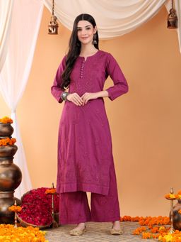 Poshak Chikan Studio - Women Lucknowi Chikankari Solid Cotton Wine Kurta With Palazzo