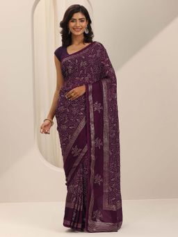 Libas - Wine Bandhani Printed Saree with Unstitched Blouse