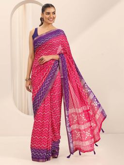 Libas - Pink Floral Printed Saree with Unstitched Blouse