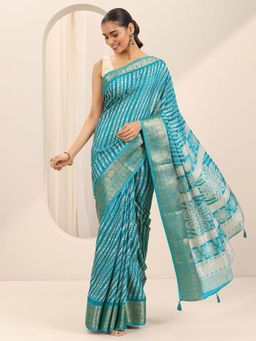 Libas - Turquoise Printed Saree with Unstitched Saree