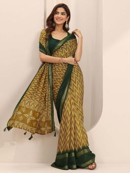 Libas - Beige Chevron Printed Saree with Unstitched Blouse