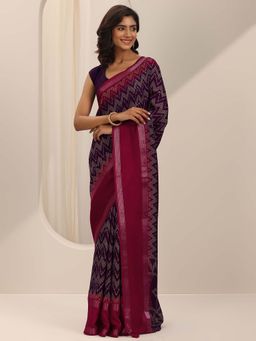 Libas - Wine Chevron Printed Saree with Unstitched Blouse