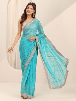 Libas - Turquoise Beads Embellished Chiffon Saree with Unstitched Blouse