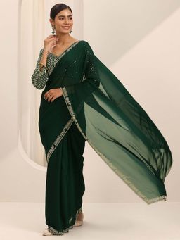 Libas - Emarald Green Satin Chiffon Saree with Unstitched Blouse