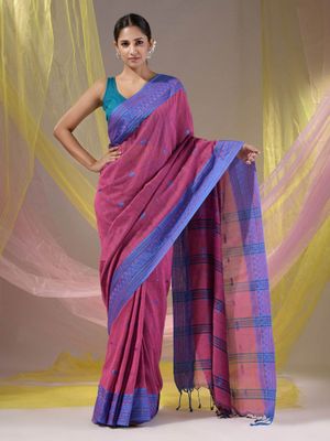 CHARUKRITI Magenta Cotton Handloom Soft Saree with Unstitched Blouse