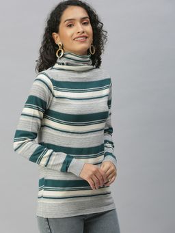 SHOWOFF - Women High Neck Candy Stripes Grey Regular Top