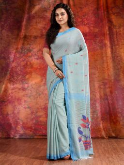 CHARUKRITI - Stone Blue Cotton Soft Saree with Woven Design without Blouse Piece