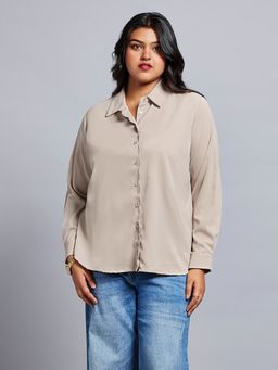 Globus - Gloplus Women Beige Collared Neck Cuff Sleeves Shirt Style Plus Size Workwear Top