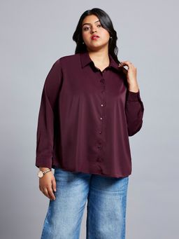 Globus - Gloplus Women Wine Collared Neck Cuff Sleeves Shirt Style Plus Size Workwear Top