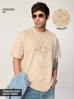 The Souled Store - Beige Oversized Fit Half Sleeves Round Neck Embroidered T-Shirt