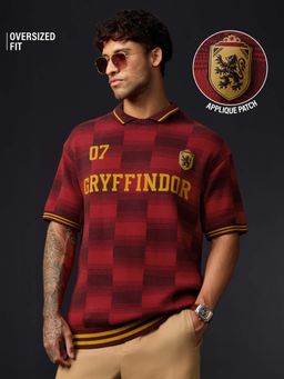 The Souled Store - Red Oversized Fit Half Sleeves Collar Neck Typography Polo T-Shirt