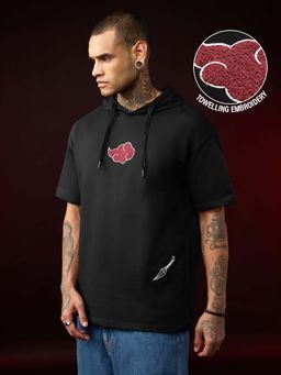 The Souled Store - Black Oversized Fit Half Sleeves Hooded Embroidered T-Shirt