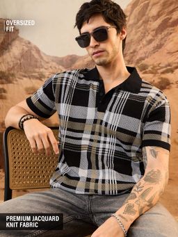 The Souled Store - Black Relaxed Fit Half Sleeves Collar Neck Geometric Polo T-Shirt