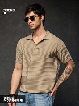 The Souled Store - Khaki Oversized Fit Half Sleeves Collar Neck Textured Polo T-Shirt