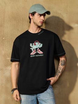 The Souled Store - Black Oversized Fit Half Sleeves Round Neck Graphic T-Shirt