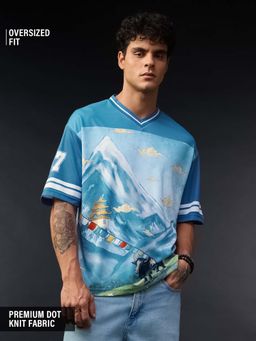 The Souled Store - Blue Oversized Fit Half Sleeves V-Neck Graphic T-Shirt