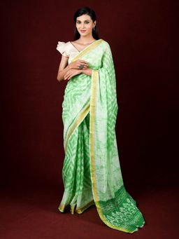 EXCLUSIVA - Green Cotton Printed Saree with Unstitched Blouse