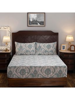 Maspar - Nostalgic Attire Pearl Petal 400Tc Cotton Print Blue King Bed Sheet With 2 Pillow Covers