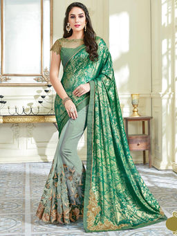 Odette - Green Lycra Net Designer Saree with Unstitched Blouse