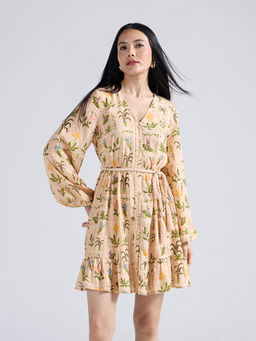 Twenty Dresses by Nykaa Fashion - Beige Printed V Neck Flared Mini Dress with Belt