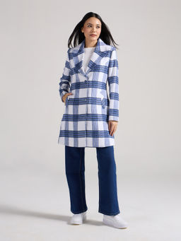 Twenty Dresses by Nykaa Fashion - Blue Checkered Lapel Collar Full Sleeves Overcoat