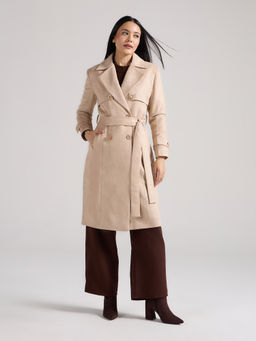 Twenty Dresses by Nykaa Fashion - Cream Solid Lapel Collar Long Overcoat with Belt
