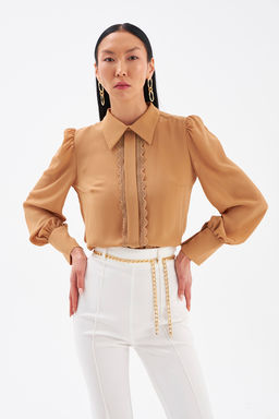 Sateen - Camel Solid Pattern Top with Lace Detail
