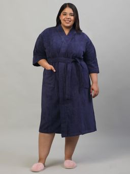 Creeva - Unisex Navy Blue Kimono Collar Plus Size Luxury Cotton Bathrobe