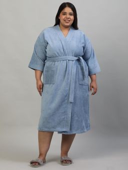 Creeva - Unisex Light Blue Kimono Collar Plus Size Luxury Cotton Bathrobe