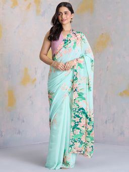 Navyasa By Liva - Watercolor Blooms Flowers In Freefall Liva Crepe Green Saree with Unstitched Blouse