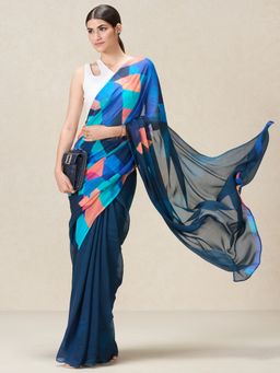 Navyasa By Liva - Pixel Reset Prism Garden Liva Chiffon Ink Blue Saree with Unstitched Blouse