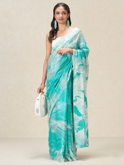 Navyasa By Liva - Monochrome Sky Meadows Liva Silk Satin Dusty Green Saree with Unstitched Blouse