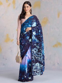 Navyasa By Liva - Monochrome Starry Night Liva Crepe Ink Blue Saree with Unstitched Blouse