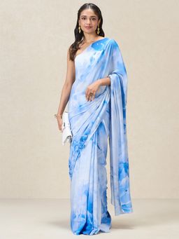 Navyasa By Liva - Gardenia Fuzzy Flowers Liva Crepe Blue Saree with Unstitched Blouse