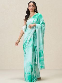 Navyasa By Liva - Gardenia Fuzzy Flowers Liva Crepe Green Saree with Unstitched Blouse