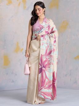 Navyasa By Liva - Vintage Ferns Tropical Delight Liva Satin Lite Beige Saree with Unstitched Blouse
