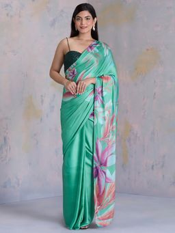 Navyasa By Liva - Vintage Ferns Tropical Delight Liva Satin Grass Green Saree with Unstitched Blouse