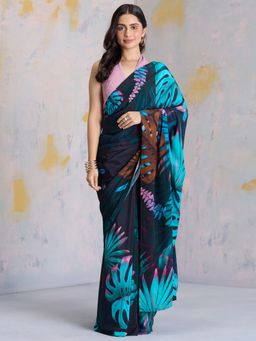 Navyasa By Liva - Vintage Ferns Illuminated Florals Liva Crepe Black Saree with Unstitched Blouse